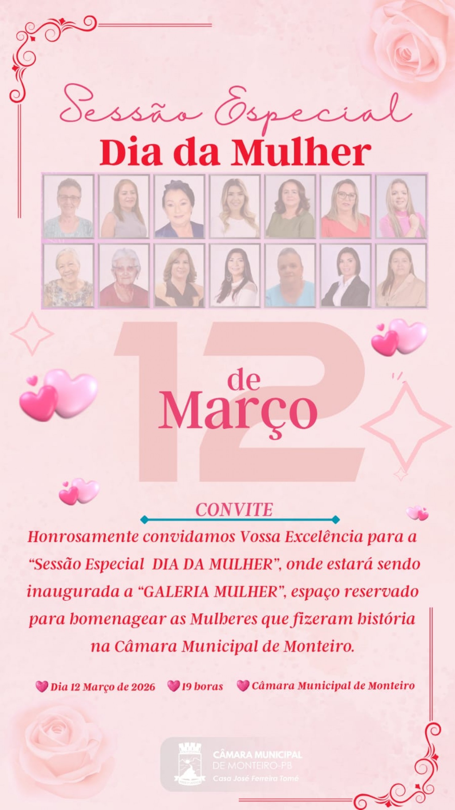 Câmara de Monteiro realizará sessão especial em homenagem às mulheres, nesta quinta